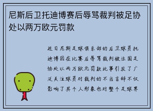 尼斯后卫托迪博赛后辱骂裁判被足协处以两万欧元罚款